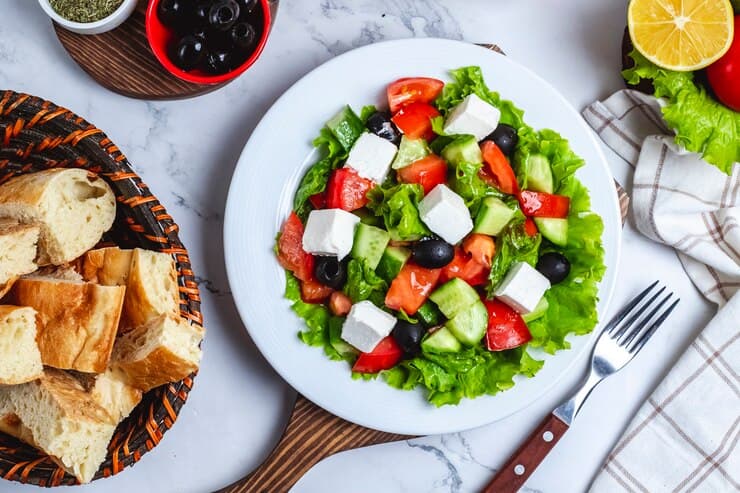 Greek Salad on Lettuce with Feta and Black Olives
