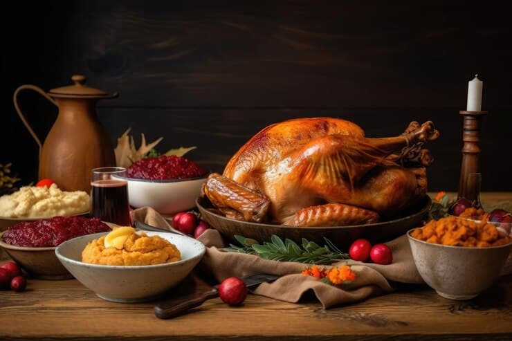 Thanksgiving Dinner with Roasted Turkey and Other Foods